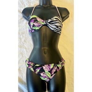 Victoria Secret Swimsuit Bikini Set  XS Top S Bottoms Tropical Leaves Zebra